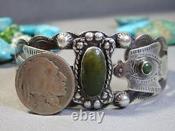 Ère Fred Harvey NAVAJO Cerrillos TURQUOISE Bracelet en argent sterling avec THUNDERBIRD