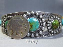 Ère Fred Harvey NAVAJO Naturel NEVADA TURQUOISE Bracelet en Argent Monnaie Satellite