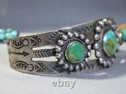 Ère Fred Harvey NAVAJO Naturel NEVADA TURQUOISE Bracelet en Argent Monnaie Satellite