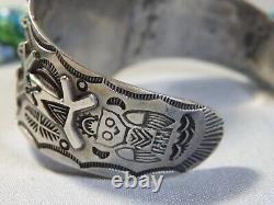 Ère Fred Harvey NAVAJO Nevada TURQUOISE Bracelet en argent repoussé CHEVAL CHIEN 47g