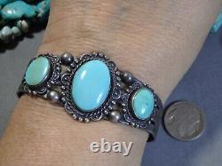 Ère Fred Harvey NAVAJO Turquoise naturelle BLUE GEM en argent sterling Bracelet 36g