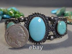 Ère Fred Harvey NAVAJO Turquoise naturelle BLUE GEM en argent sterling Bracelet 36g