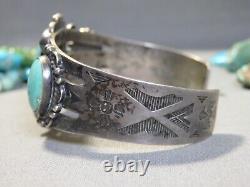 Ère Fred Harvey NAVAJO Turquoise naturelle BLUE GEM en argent sterling Bracelet 36g