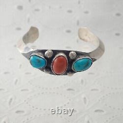 Ère Fred Harvey Navajo Turquoise Coral Heavy Sterling 6.5 Bracelet Cuff 37 gr