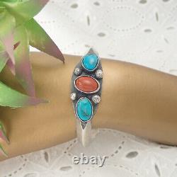 Ère Fred Harvey Navajo Turquoise Coral Heavy Sterling 6.5 Bracelet Cuff 37 gr