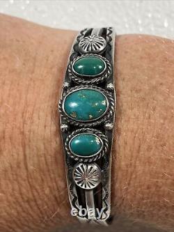 Ère Fred Harvey Vintage Bracelet Manchette en Argent Sterling Turquoise Verte 5.25 27.9gr