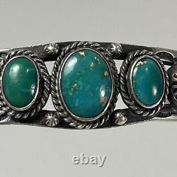 Ère Fred Harvey Vintage Bracelet Manchette en Argent Sterling Turquoise Verte 5.25 27.9gr