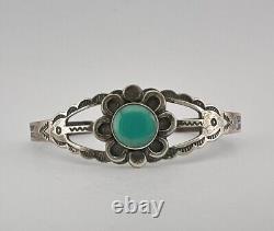 Ère Fred Harvey Vtg Navajo Bracelet manchette en argent sterling et turquoise verte estampillée