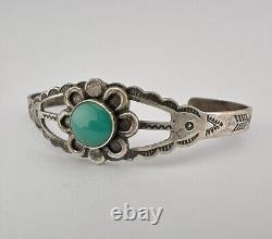 Ère Fred Harvey Vtg Navajo Bracelet manchette en argent sterling et turquoise verte estampillée