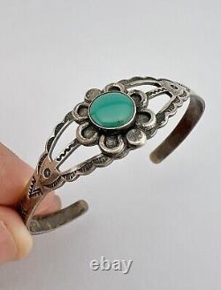 Ère Fred Harvey Vtg Navajo Bracelet manchette en argent sterling et turquoise verte estampillée