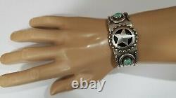 Fred Harvey 1940's Cuff Bracelet, Argent Sterling, Turquoise, Horseshoes, Star