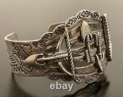 Fred Harvey Co. Sanford Navajo Sterling Silver Large Cuff Bracelet Bow & Arrows