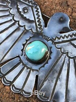 Fred Harvey Énorme 4,25 Navajo Thunderbird Bleu Gem Turquoise En Argent Sterling Pin