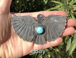 Fred Harvey Énorme 4,25 Navajo Thunderbird Bleu Gem Turquoise En Argent Sterling Pin