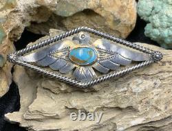 Fred Harvey Era, 1940 Silver Sterling & Gem Turquoise Thunderbird Pin, 12,8g