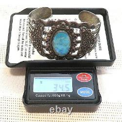 Fred Harvey Era Argent Sterling Arrow Turquoise Navajo Cuff Bracelet 34 Grams