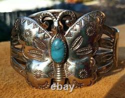 Fred Harvey Era Bell Trading Post Nickel Silver Turquoise Butterfly Manchette 28.1 Gr