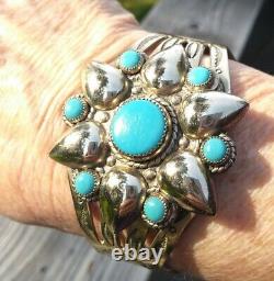 Fred Harvey Era Bell Trading Post Nickel Silver Turquoise Flower Cuff 28.1 Gr