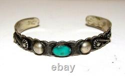 Fred Harvey Era Bracelet Navajo Pièce Argent Turquoise Cuff Old Pawn Stacker