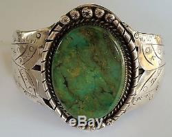 Fred Harvey Era Large Bracelet À Manchette En Argent Sterling Green Turquoise