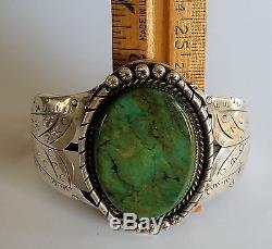 Fred Harvey Era Large Bracelet À Manchette En Argent Sterling Green Turquoise