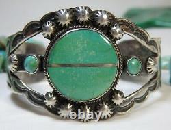 Fred Harvey Era Navajo Naturel Nevada Turquoise Stamped Sterling Argent 40g Cuff