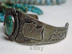 Fred Harvey Era Navajo Nevada Turquoise Pièce 90% Argent Serpent Chief Totem Cuff