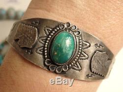 Fred Harvey Era Navajo Nevada Turquoise Pièce 90% Argent Serpent Chief Totem Cuff