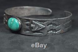 Fred Harvey Era Navajo Silver Turquoise Arrowhead Applied Design Cuff Bracelet
