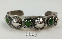 Fred Harvey Era Navajo Stamped Argent Sterling Turquoise Concho Cuff Bracelet