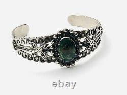 Fred Harvey Era Navajo Turquoise & Flèches Sterling Tribal Stamped Cuff Bracelet