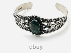 Fred Harvey Era Navajo Turquoise & Flèches Sterling Tribal Stamped Cuff Bracelet