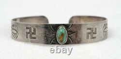 Fred Harvey Era Old Pawn Silver Turquoise Whirling Log Stampwork Brassard Bracelet