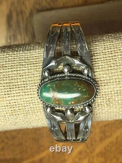 Fred Harvey Era Sterling Argent Naturel Turquoise Cuff Bracelet Arrow Navajo Sta