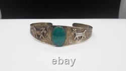 Fred Harvey Navajo Turquoise Cheval Dog Arrows Sterling Silver Cuff Bracelet