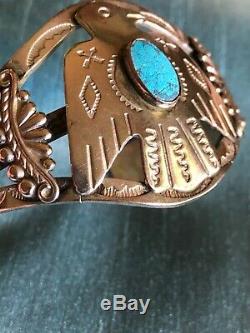 Fred Harvey Style De Monnaie D'argent Thunderbird Turquoise Bracelet Manchette Vintage 27 Grs