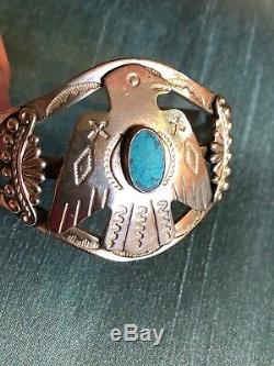 Fred Harvey Style De Monnaie D'argent Thunderbird Turquoise Bracelet Manchette Vintage 27 Grs
