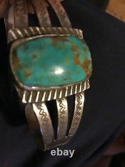 Fred Harvey Style Turquoise Sterling Argent Cuff À L'aide De L'outil Navajo Zuni