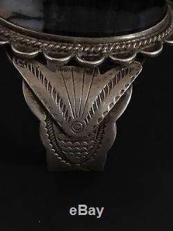 Grand Bracelet Navajo Fred Harvey En Argent Sterling Et Bois Pétrifié Vintage