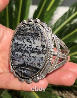 Huge 1940 Fred Harvey Era Navajo Serling Silver & Petrified Wood Bracelet Cuff