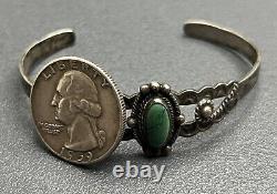 Joli bracelet manchette en argent sterling vintage et turquoise de l'époque Fred Harvey, style Navajo