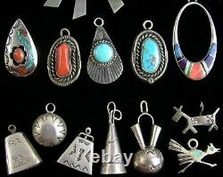 Lot De 33 Navajo Charms Pendentifs Boucles D'oreilles Simples Argent Turquoise Fred Harvey
