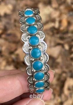 Magnifique Bracelet Argent Vintage Zuni Navajo Bright Turquoise Coin Fred Harvey
