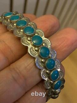 Magnifique Bracelet Argent Vintage Zuni Navajo Bright Turquoise Coin Fred Harvey
