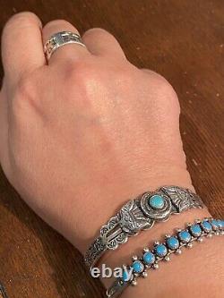 Magnifique Bracelet Vintage Navajo Bleu Turquoise Sterling Silver Fred Harvey Era