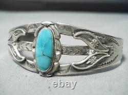 Magnifique Vintage Navajo Native American Turquoise Sterling Bracelet En Argent