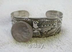 Navajo Coin Argent Bracelet Indian Rare Fred Harvey Era Die Symboles Stamped