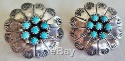 Navajo Concho Boucles D'oreilles Old Fred Gage Harvey Era Entiers Turquoise Coin Argent