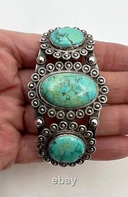 Navajo Fred Harvey Era Argent Sterling Bracelet De Menottes Turquoise Naturelle 7 1/8