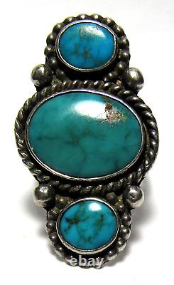 Navajo Fred Harvey Era Old Pawn 3 Stone Turquoise Ring Argent Amérindien S7